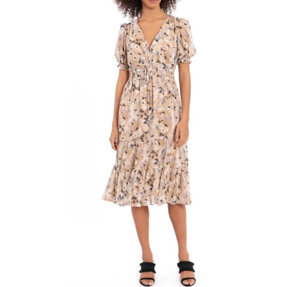 Maggy London Khaki Gold Print Puff Sleeve Ruffle Hem Midi Dress - Picture 2 of 9